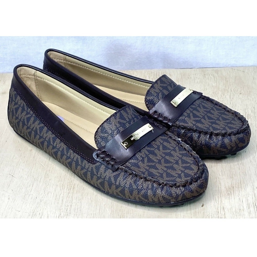 Michael Kors Brown Monogram Logo Driving Loafers Flats Gold Hardware WOMENS 9.5